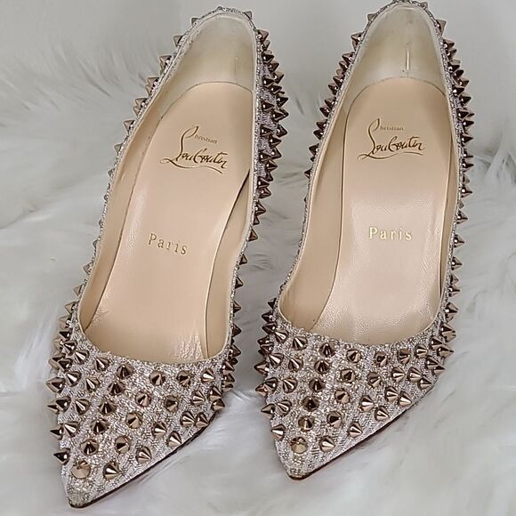 Christian Louboutin Spiked Heels in Silver and Cream - Picture 14 of 16